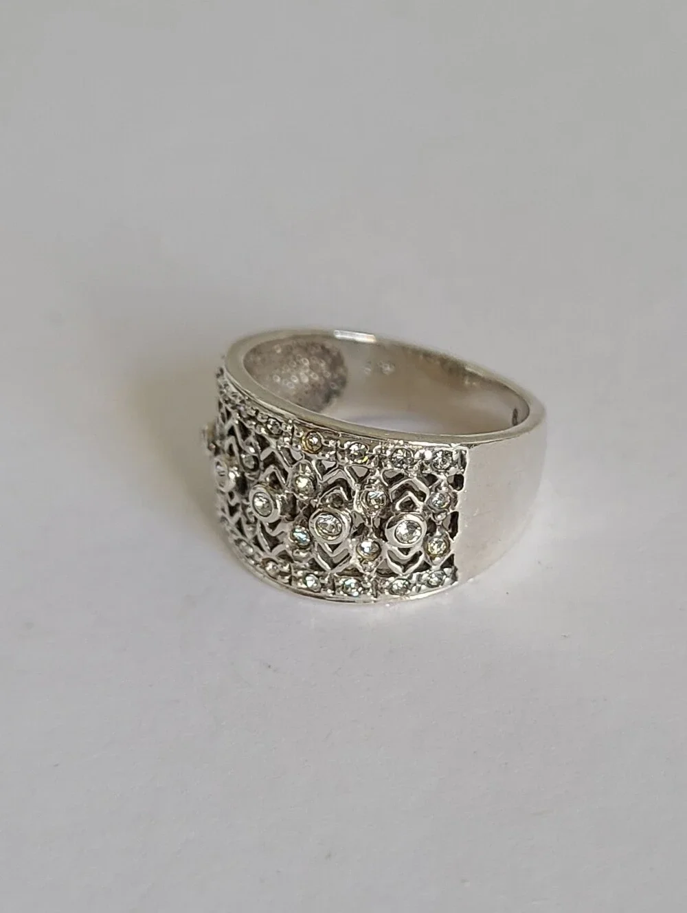 Elegant Sterling Silver CZ Rhinestone Crystal Filigree Chunky Wide Band Ring 6 - Picture 9 of 15